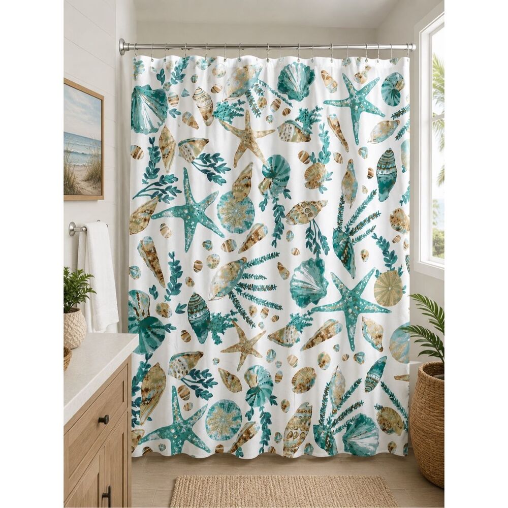 Coastal Shower Curtain Starfish Seashells Conch Watercolor Underwater